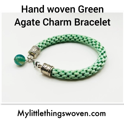 Green Agate Bead Charm Bracelet Silk Kumihimo Braided Bracelet Silver