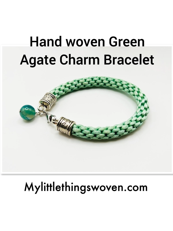 Green Agate Bead Charm Bracelet Silk Kumihimo Braided Bracelet Silver