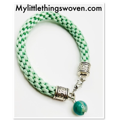 Green Agate Bead Charm Bracelet Silk Kumihimo Braided Bracelet Silver
