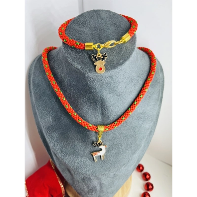 Red Christmas Reindeer Silk Necklace & Pendant + Bracelet 2 piece set Handmade