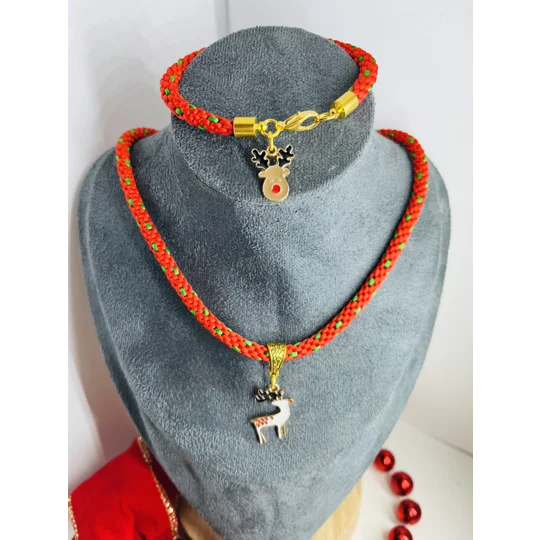 Red Christmas Reindeer Silk Necklace & Pendant + Bracelet 2 piece set Handmade