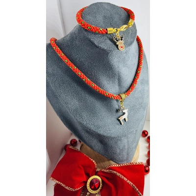 Red Christmas Reindeer Silk Necklace & Pendant + Bracelet 2 piece set Handmade