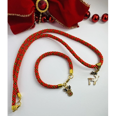 Red Christmas Reindeer Silk Necklace & Pendant + Bracelet 2 piece set Handmade