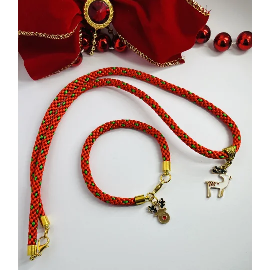 Red Christmas Reindeer Silk Necklace & Pendant + Bracelet 2 piece set Handmade