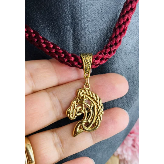 Horse Head Pendant Necklace And Bracelet, Red 2 piece set Gold Plated