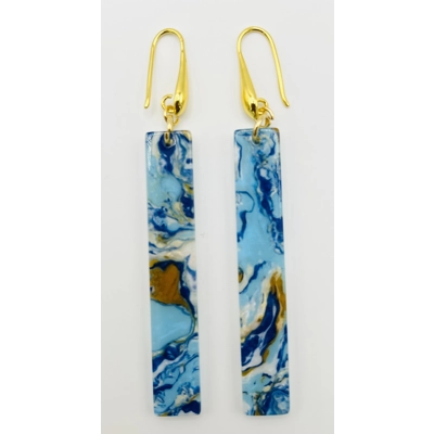 Blue Marble Dangle Drop Earrings, Gold or Silver