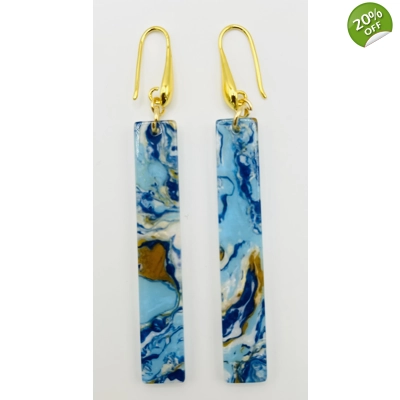 Blue Marble Dangle Drop Earrings, Gold or Silver