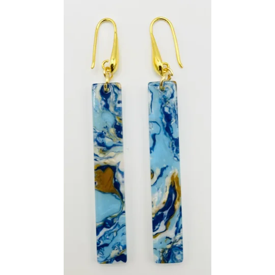 Blue Marble Dangle Drop Earrings, Gold or Silver