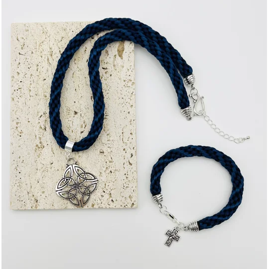 Blue Quaternary Celtic Cross Necklace & Pendant + Bracelet 2 piece set Handmade