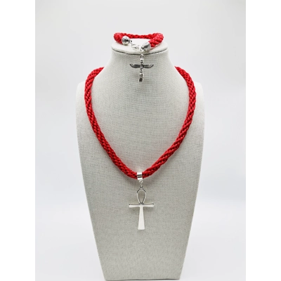 Ankh Red Egyptian Necklace & Pendant + Bracelet 2 piece set Antique Silver