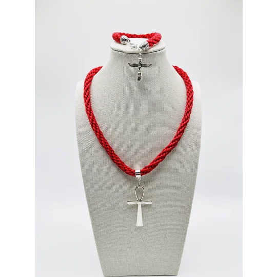 Ankh Red Egyptian Necklace & Pendant + Bracelet 2 piece set Antique Silver