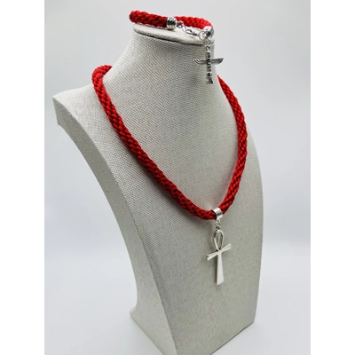 Ankh Red Egyptian Necklace & Pendant + Bracelet 2 piece set Antique Silver