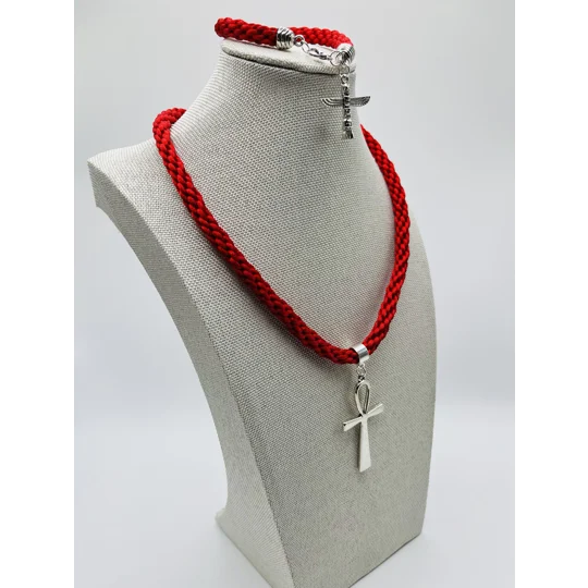 Ankh Red Egyptian Necklace & Pendant + Bracelet 2 piece set Antique Silver