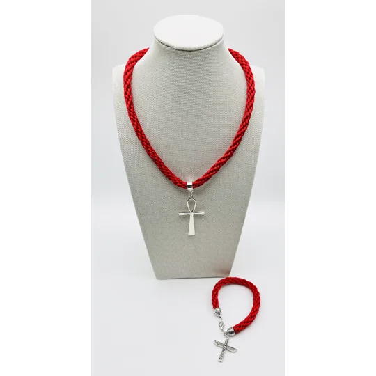 Ankh Red Egyptian Necklace & Pendant + Bracelet 2 piece set Antique Silver