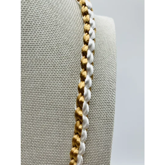 2 Piece Set Beige & White Necklace & Bracelet Leaf Theme Square SILK Kumihimo Braid, Silver