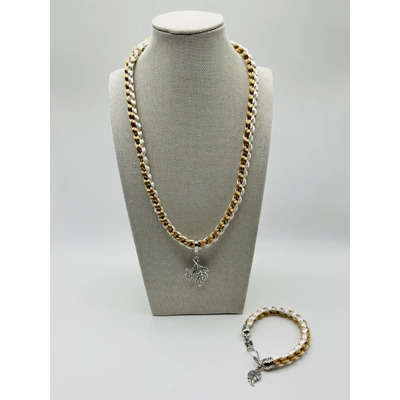 2 Piece Set Beige & White Necklace & Bracelet Leaf Theme Square SILK Kumihimo Braid, Silver