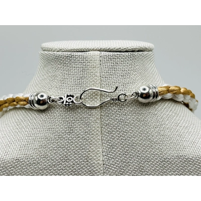 2 Piece Set Beige & White Necklace & Bracelet Leaf Theme Square SILK Kumihimo Braid, Silver