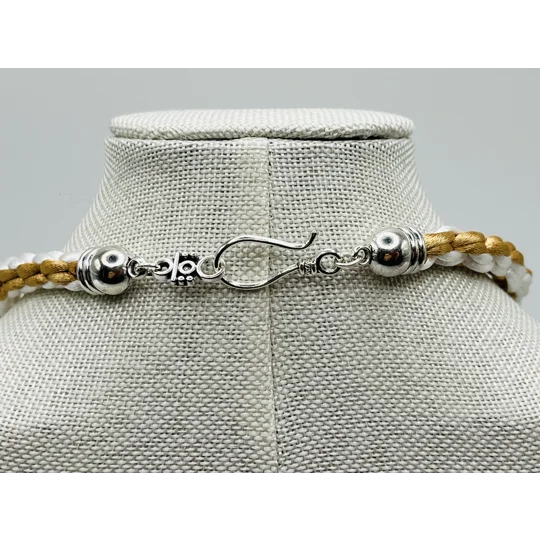 2 Piece Set Beige & White Necklace & Bracelet Leaf Theme Square SILK Kumihimo Braid, Silver