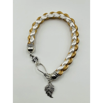 2 Piece Set Beige & White Necklace & Bracelet Leaf Theme Square SILK Kumihimo Braid, Silver