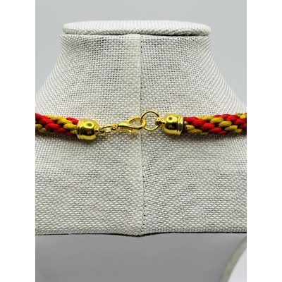 Owl Pendant Red And Gold Silk Braided Necklace & Bracelet 2 Piece Set Gold Plated