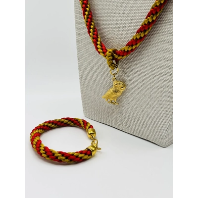 Owl Pendant Red And Gold Silk Braided Necklace & Bracelet 2 Piece Set Gold Plated