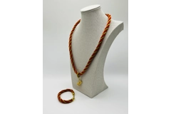 Owl Pendant Red And Gold Silk Braided Necklace & Bracelet 2 Piece Set Gold Plated