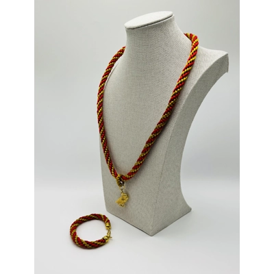 Owl Pendant Red And Gold Silk Braided Necklace & Bracelet 2 Piece Set Gold Plated