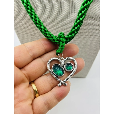 Green Heart Pendant and Necklace Hand Woven Kumihimo Braid Silver
