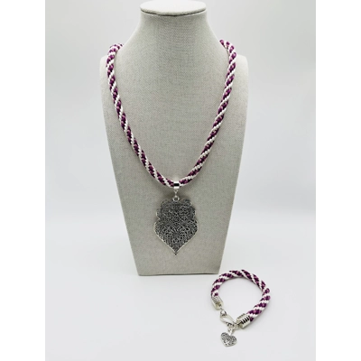 Pink & White Silk Braided Large Heart Mandala Pendant Necklace & Bracelet 2 piece Set