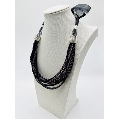 Black & Purple Multi-stranded Necklace & Real Amethyst Butterfly Earrings Set sterling silver