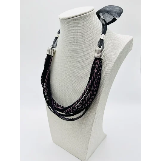 Black & Purple Multi-stranded Necklace & Real Amethyst Butterfly Earrings Set sterling silver