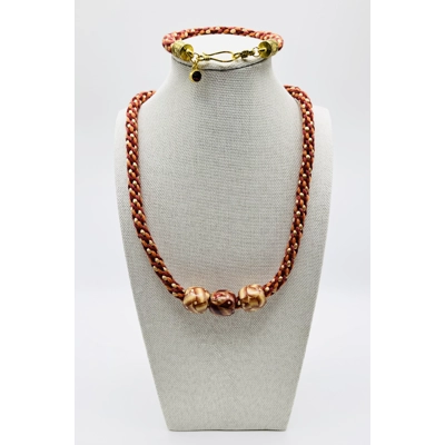2 Piece Set Red Multicoloured Beaded Necklace & Bracelet Kumihimo Hand Braided