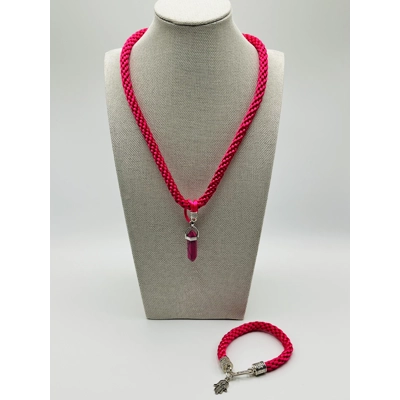 Pink Agate Pendant, Necklace And Bracelet 2 Piece Set