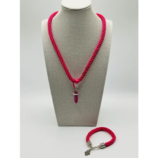 Pink Agate Pendant, Necklace And Bracelet 2 Piece Set