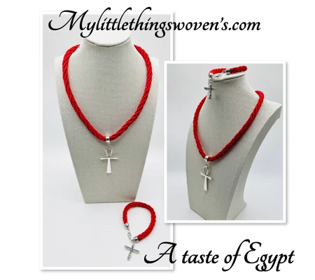Ankh Red Egyptian Necklace & Pendant + Bracelet 2 piece set Antique Silver