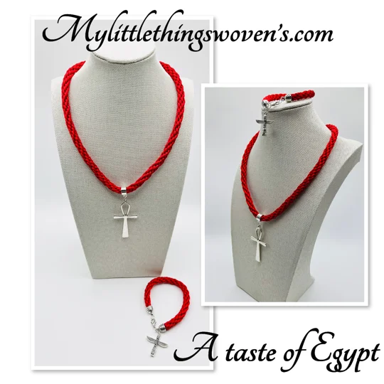 Ankh Red Egyptian Necklace & Pendant + Bracelet 2 piece set Antique Silver