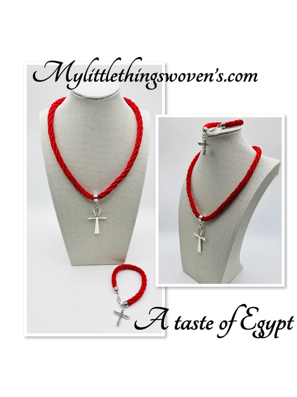 Ankh Red Egyptian Necklace & Pendant + Bracelet 2 piece set Antique Silver