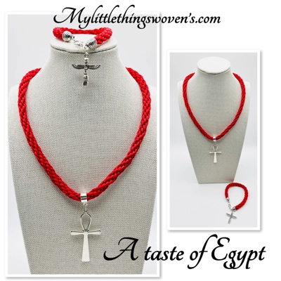 Ankh Red Egyptian Necklace & Pendant + Bracelet 2 piece set Antique Silver