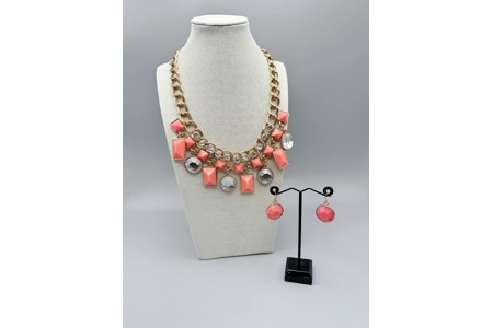 Chunky Coral & Gold Sparkly Beaded Necklace And Earrings Jewellery Set