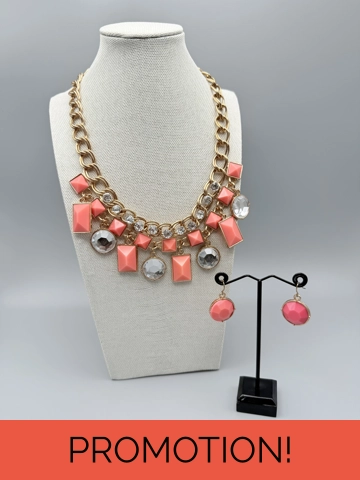 Chunky Coral & Gold Sparkly Beaded Necklace And Earrings Jewellery Set