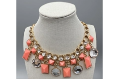 Chunky Coral & Gold Sparkly Beaded Necklace And Earrings Jewellery Set