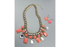 Chunky Coral & Gold Sparkly Beaded Necklace And Earrings Jewellery Set