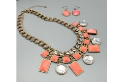 Chunky Coral & Gold Sparkly Beaded Necklace And Earrings Jewellery Set