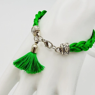 Green Braided Cord Bracelet with Tassel Dangle Charm