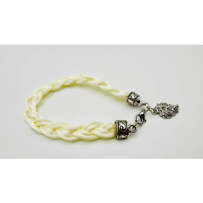 Cream Flat Braided Bracelet with Silver Leaf Dangle Charm