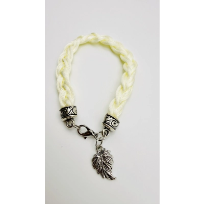 Cream Flat Braided Bracelet with Silver Leaf Dangle Charm