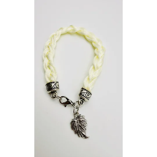 Cream Flat Braided Bracelet with Silver Leaf Dangle Charm