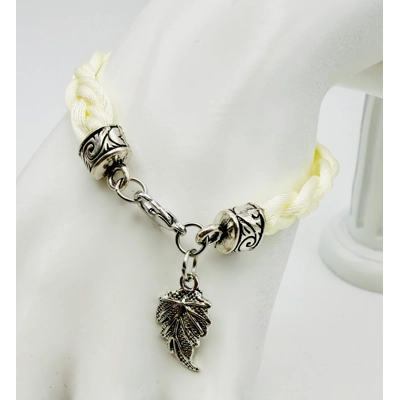 Cream Flat Braided Bracelet with Silver Leaf Dangle Charm