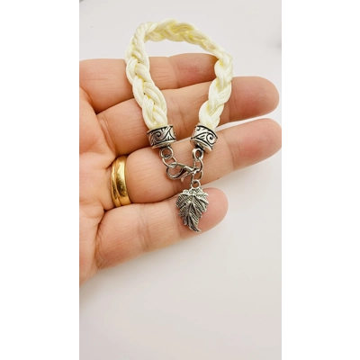 Cream Flat Braided Bracelet with Silver Leaf Dangle Charm