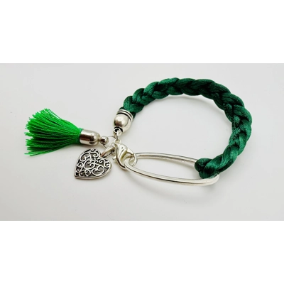 Green Braided Cord Bracelet with Heart/Tassel Dangle Charms
